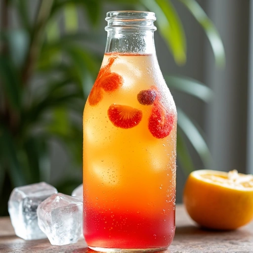Botella de kombucha con trozos de fruta