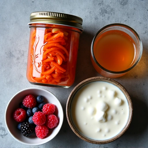 Variedad de alimentos fermentados: kimchi, kombucha, yogur, kéfir