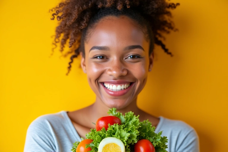 Mujer sonriendo mientras come una ensalada fresca, simbolizando una nutrición personalizada y bienestar.