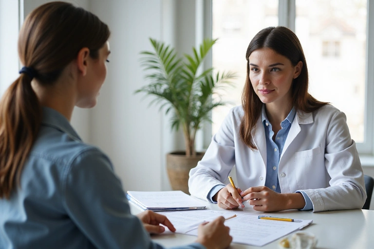 Nutricionista explicando un plan de alimentación a un paciente en una consulta individual.