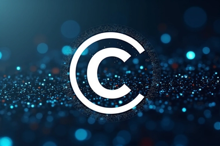Icono de derechos de autor superpuesto sobre un diseño abstracto y moderno